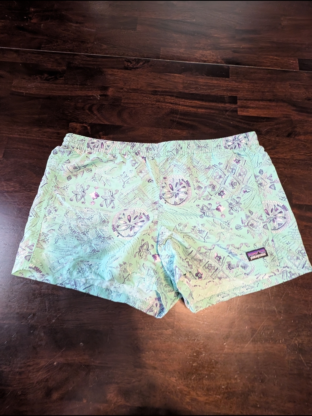 Patagonia Girl's Baggies Mint Teal/Purple Printed Shorts, XXL